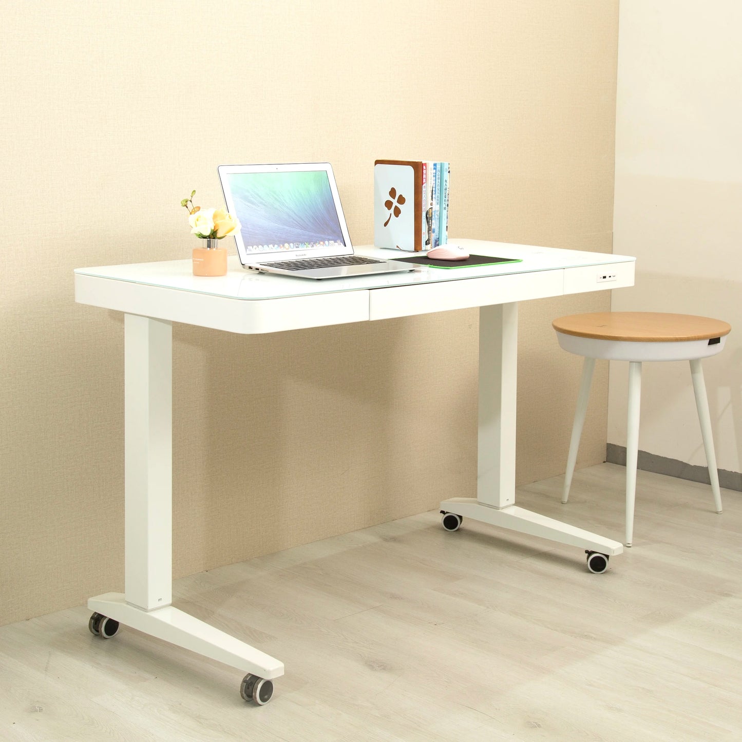 Modern Electric Standing Desk with Tempered Glass Desktop Dual Motor Height Adjustable Ergonomic Home Office Desks with Drawers