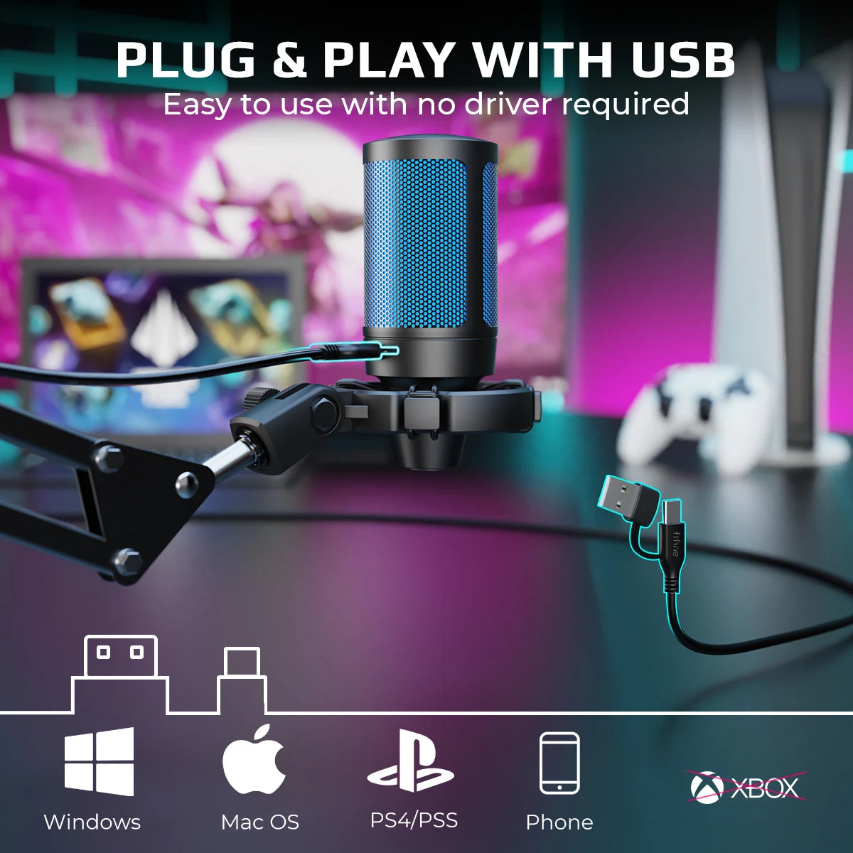 Gaming Microphone Kit with Mute for Mobile,Usb RGB Condenser Mic Set with Arm Boom for Pc,Laptop,Ps5,Streaming -A2T