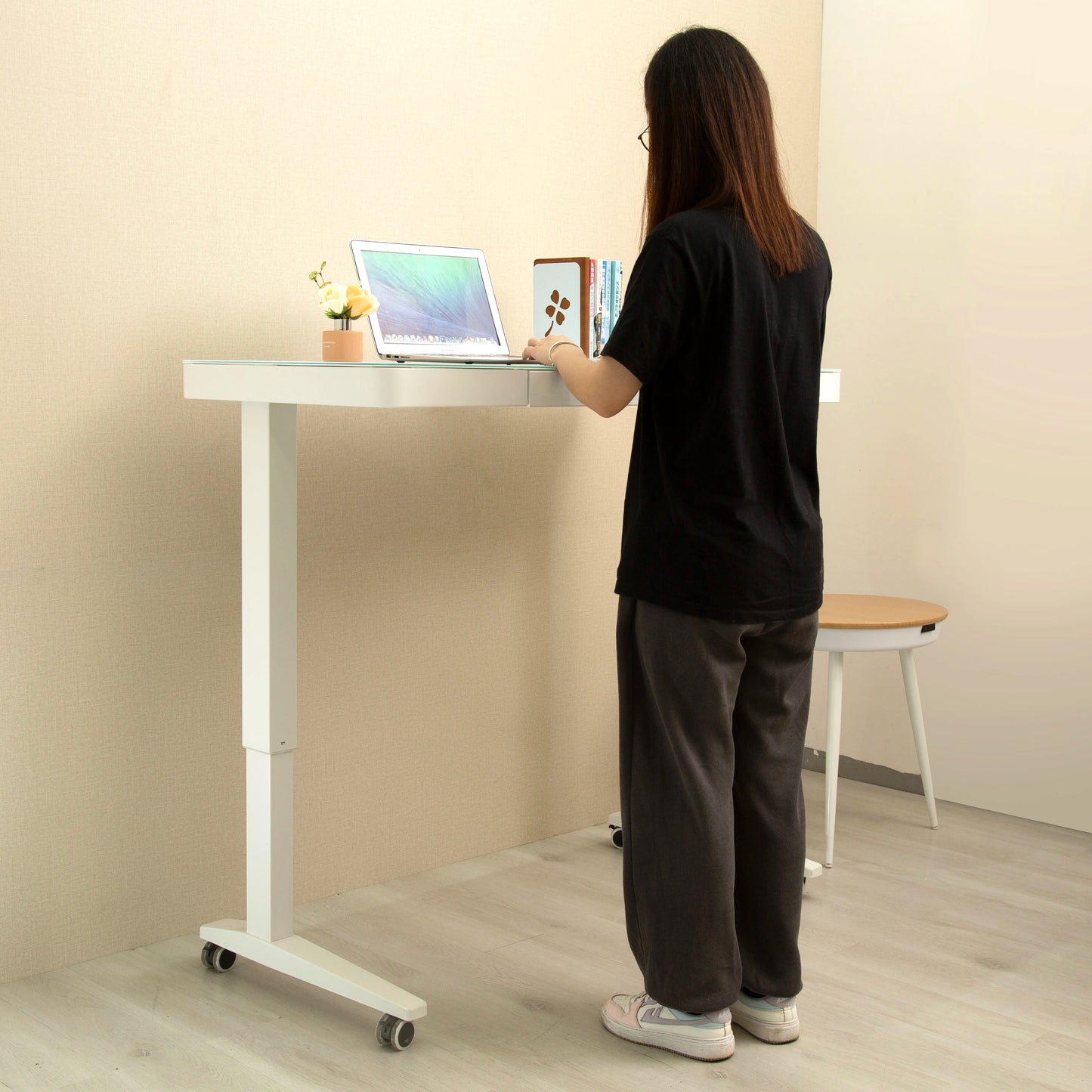 Modern Electric Standing Desk with Tempered Glass Desktop Dual Motor Height Adjustable Ergonomic Home Office Desks with Drawers