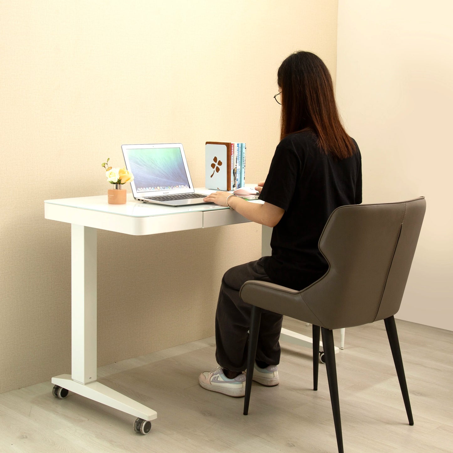 Modern Electric Standing Desk with Tempered Glass Desktop Dual Motor Height Adjustable Ergonomic Home Office Desks with Drawers
