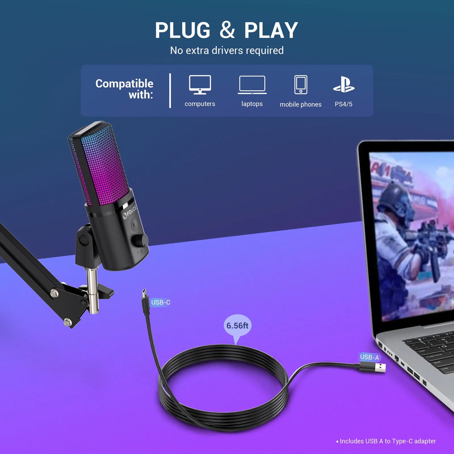M160-RGB USB Gaming Microphone with RGB Dynamic Color,Touch Mute Button,Arm Stand or Tripod Shock Mount ,For PC PS5/4
