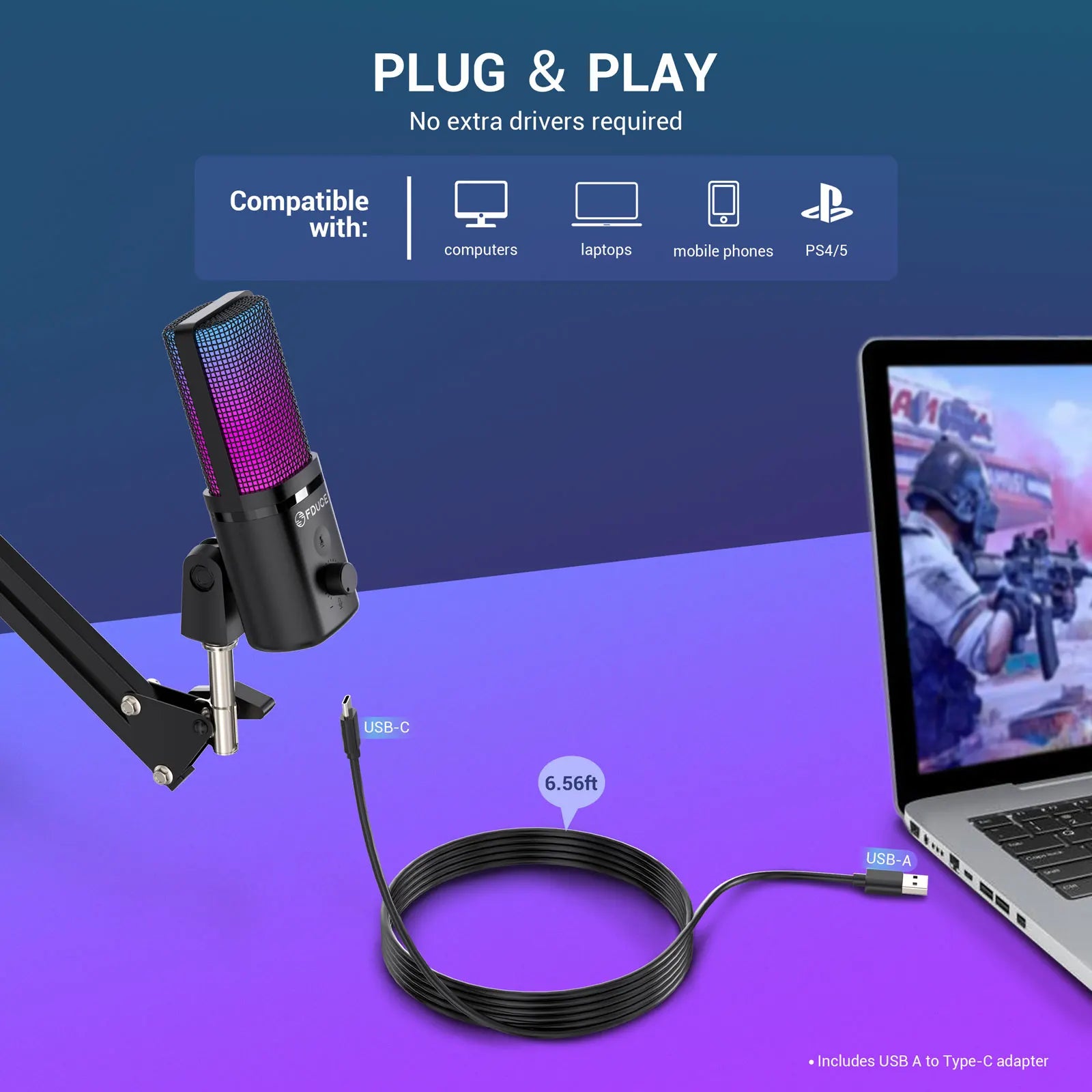 M160-RGB USB Gaming Microphone with RGB Dynamic Color,Touch Mute Button,Arm Stand or Tripod Shock Mount ,For PC PS5/4