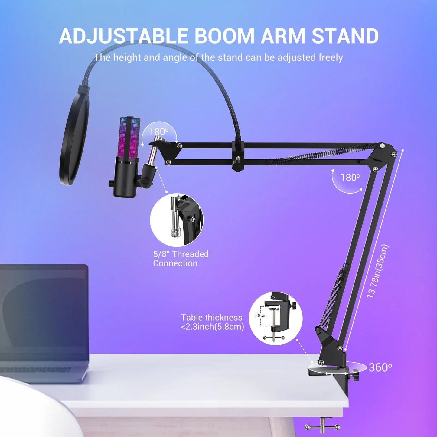 M160-RGB USB Gaming Microphone with RGB Dynamic Color,Touch Mute Button,Arm Stand or Tripod Shock Mount ,For PC PS5/4