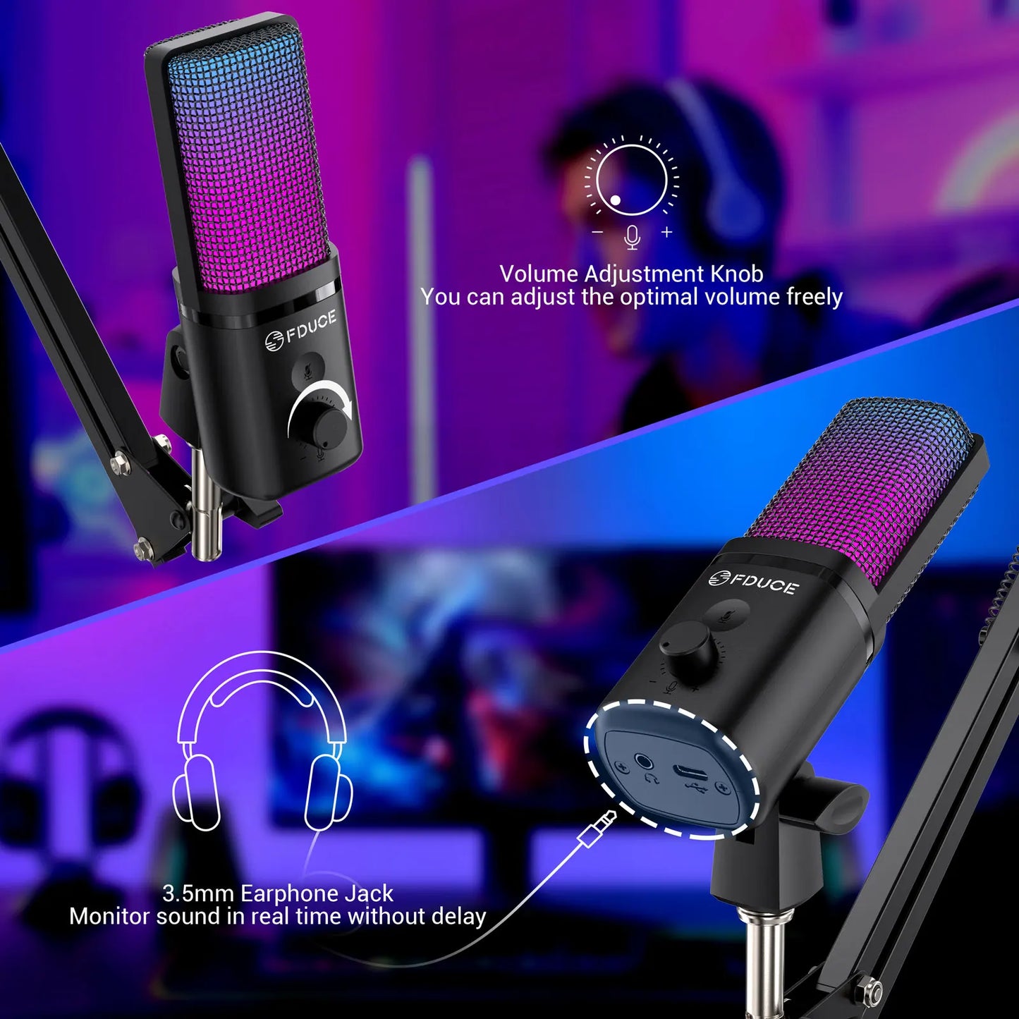 M160-RGB USB Gaming Microphone with RGB Dynamic Color,Touch Mute Button,Arm Stand or Tripod Shock Mount ,For PC PS5/4