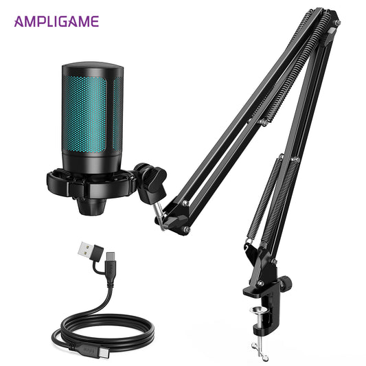 Gaming Microphone Kit with Mute for Mobile,Usb RGB Condenser Mic Set with Arm Boom for Pc,Laptop,Ps5,Streaming -A2T