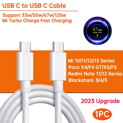 Original Usb Type C Cable 120W 67W Turbo Fast Charger Mi 15 14 13 12T Pro 12 11 Ultra Poco X6 X7 Redmi Note Black Shark 5