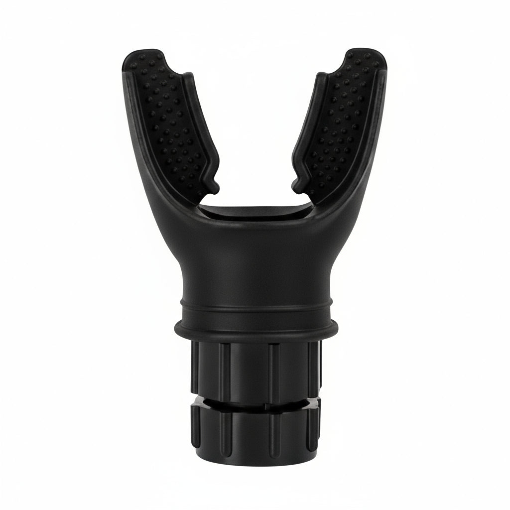 Black plastic component with textured design on a white background