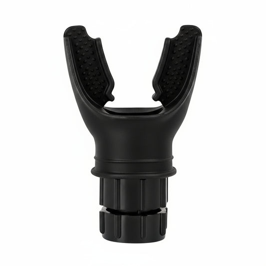 Black plastic component with textured design on a white background