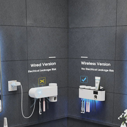 Smart UV Toothbrush Sanitizer Holder, Rechargeable Wireless Design, Wall Mounted with Hand Free Toothpaste Dispenser